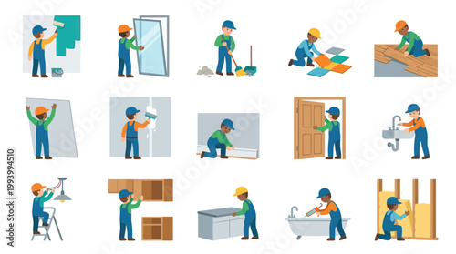 Construction and Home Renovation Workers Flat Vector Illustration Collection