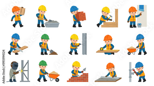 Flat Cartoon Construction Workers Set Performing Various Building Tasks