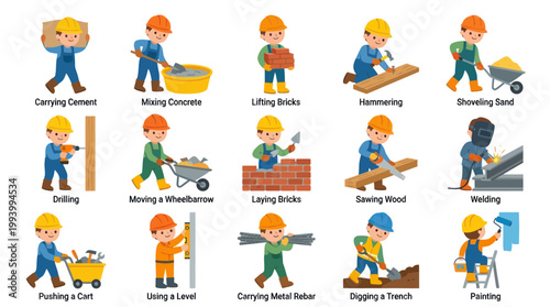 Construction worker illustrations: Jobs, tools, and safety gear