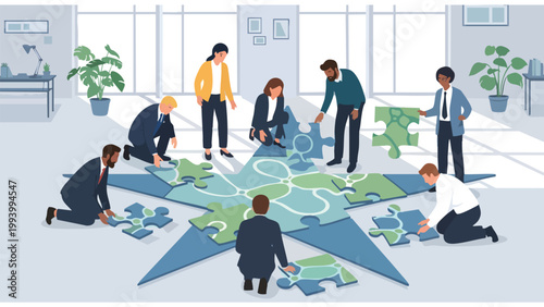 Diverse Business Team Assembling Puzzle Strategy in Modern Office