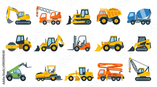 Flat style construction vehicles collection vector illustration