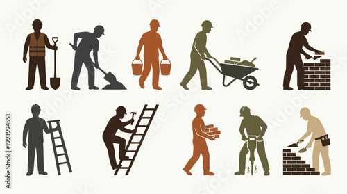 Construction workers icons, building, bricklaying, tools, flat design