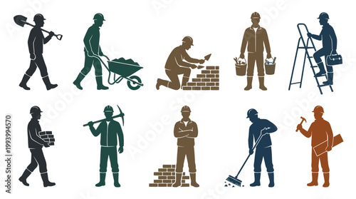 Construction Workers Silhouettes: Builders, Laborers, Masonry, Broom, Ladder, Shovel