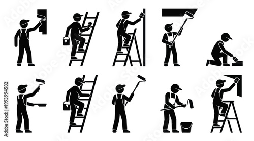 Construction Painter Glyphs - Home Renovation Workers with Rollers, Brushes  Ladders