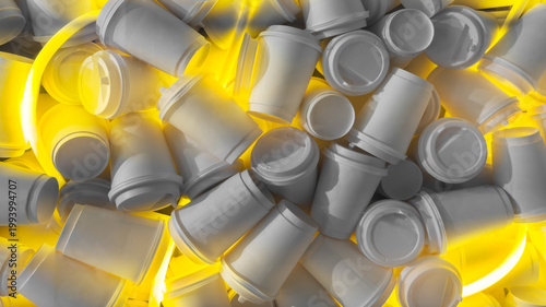 Creative background of white takeaway coffee cups with glowing yellow neon light. Modern cafe aesthetic, minimal pattern and stylish composition for design.