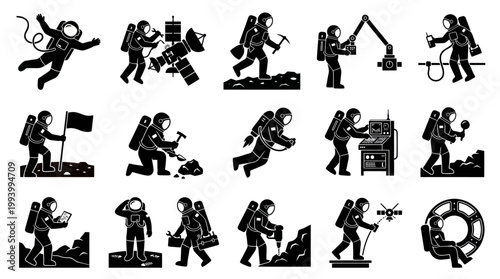 Space Exploration Astronaut Activities Black White Glyph Pictogram Icons Set