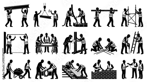 Construction Workers Building Site Vector Silhouette Icons Set