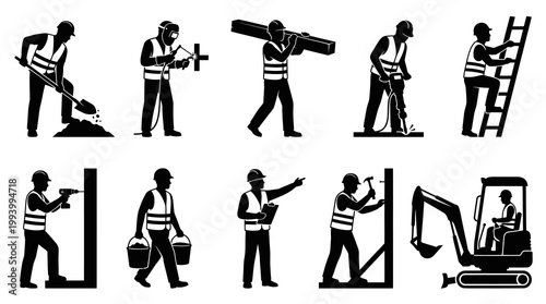 Construction Workers Silhouette Vector Icons Set: Building and Repair Glyphs