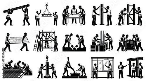 Construction Workers Building Process Black White Glyph Icons Set