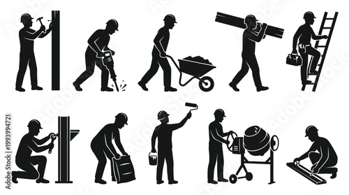 Construction Workers Silhouettes Icon Set - Black and White Glyph Art for Building Industry