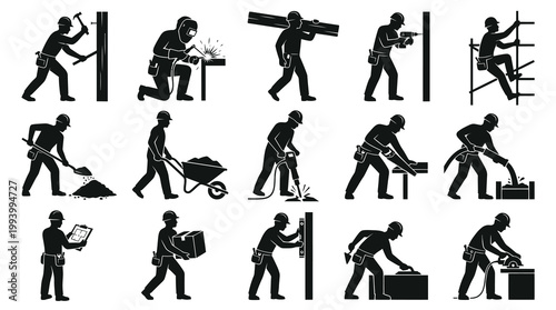 Construction worker icons: welding, drilling, building, laboring, carpentry