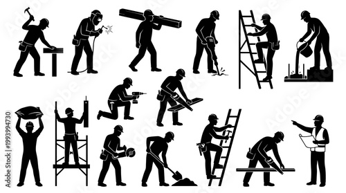 Construction Workers Silhouettes, Diverse Building Trades, Industry Icons