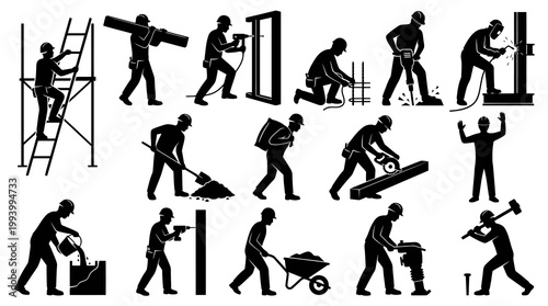 Construction Workers Silhouettes: Building, Welding, Jackhammer, Saw, Shoveling