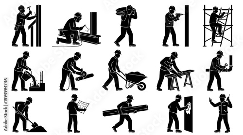 Construction Workers Icons Set: Black  White Flat Design Silhouettes