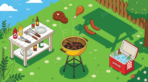 Isometric Backyard Barbecue Party with Charcoal Grill Floating Meat and Picnic Prep Table in Sunny Garden for Summer Cookout
