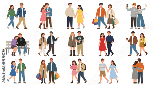Flat vector illustration of happy couples in casual outfits