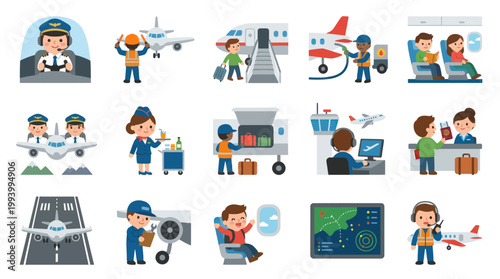 Flat Vector Icons of Airport and Aviation Activities, People and Aircraft