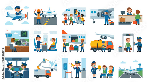 Flat Design Airport  Aviation Icons: Safety, Travel, and Crew