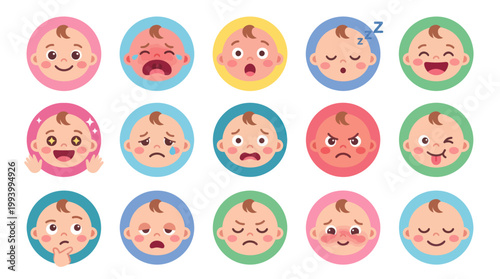 Child Development Flat Vector: Cute Baby Faces Expressing Diverse Emotions Set