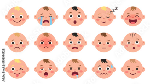 Childcare Baby Emotions Flat Design Vector Set: Infant Facial Expressions  Feelings Icons