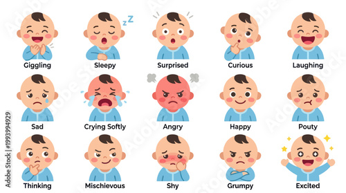 Cute baby emotions illustrated in a flat, cartoon style for children's education