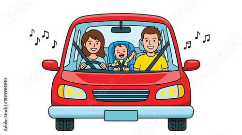 Happy family with baby traveling in a red car listening to music for summer road trip concept illustration