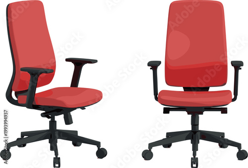 Modern red office chair front and side view ergonomic seating isolated illustration