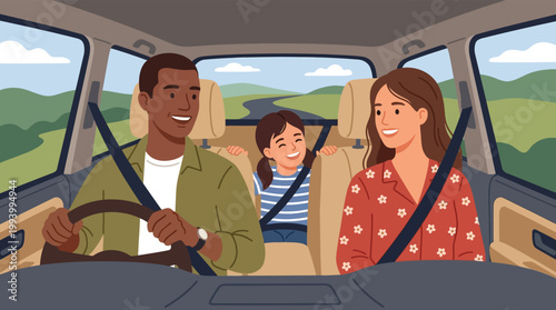 Happy Diverse Family Road Trip Inside Car Interior Illustration with Scenic View
