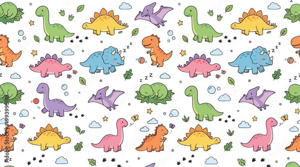 Fototapeta premium Cute Cartoon Dinosaurs Seamless Pattern for Children's Products - Prehistoric Animals Illustration