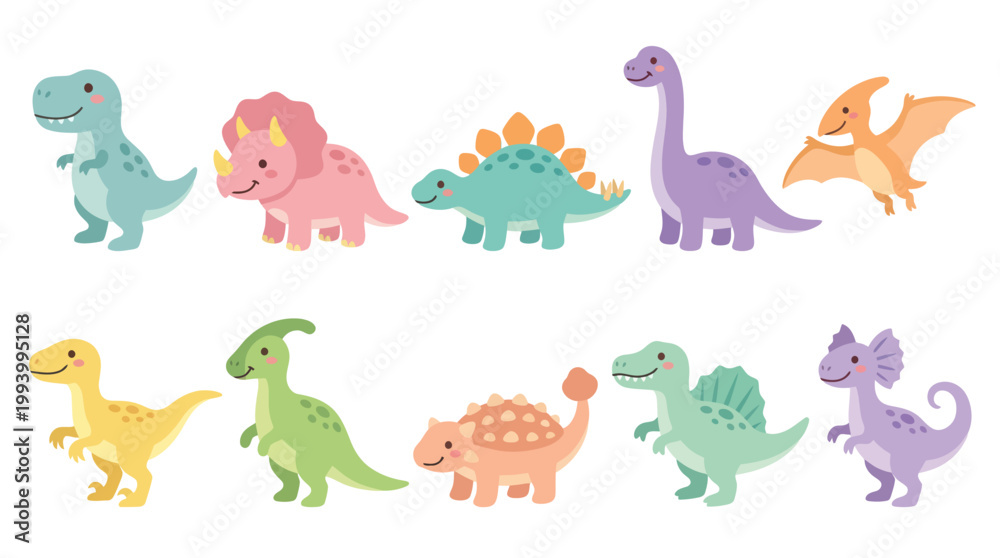 Obraz premium Cute Cartoon Dinosaurs Vector Illustration Flat Style
