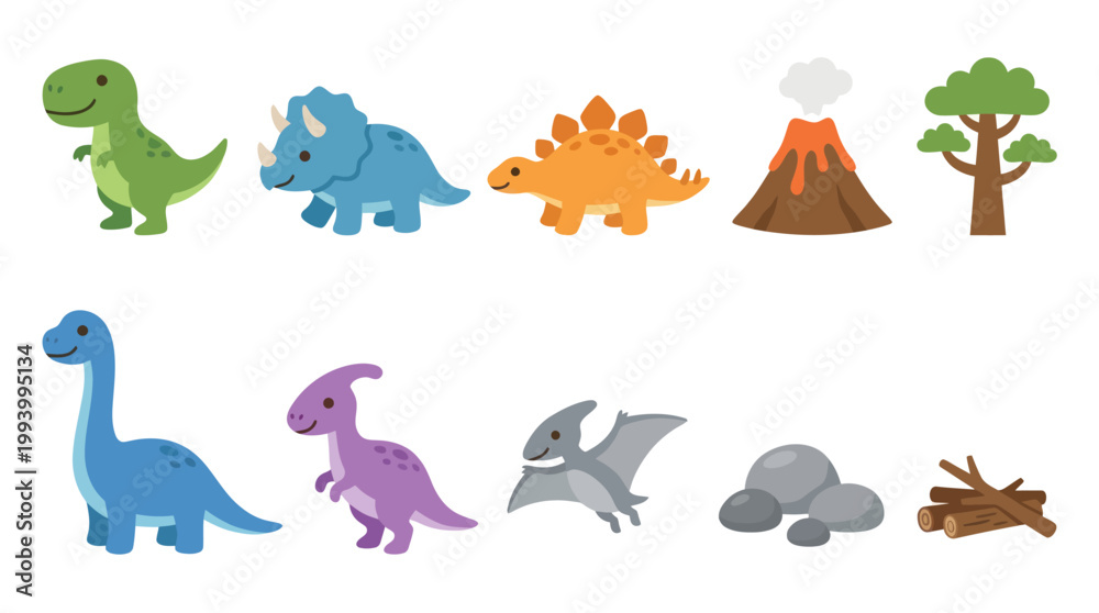 Fototapeta premium Cute Dinosaur Vector Icons - Flat Style Children's Illustration