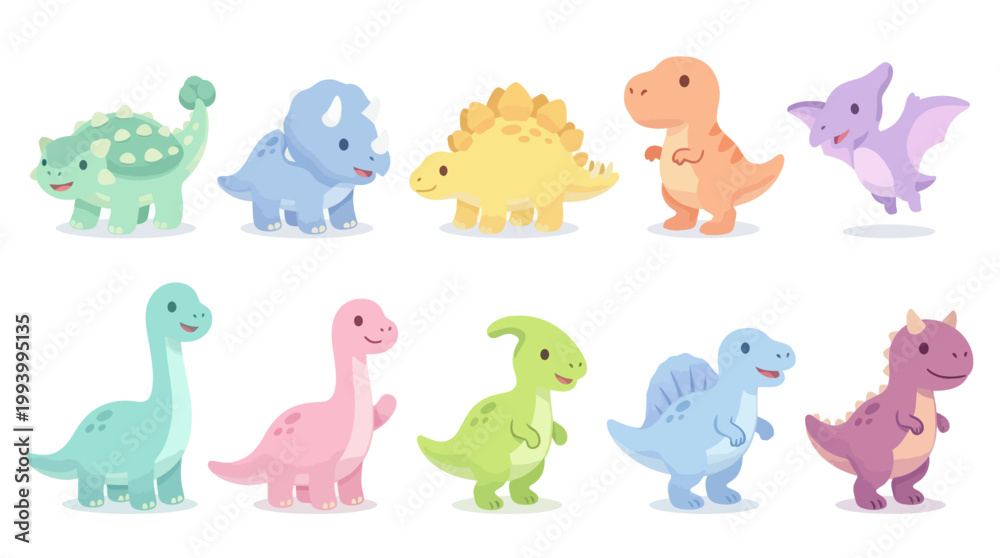 Obraz premium Cute cartoon dinosaurs, flat vector illustration for kids, education