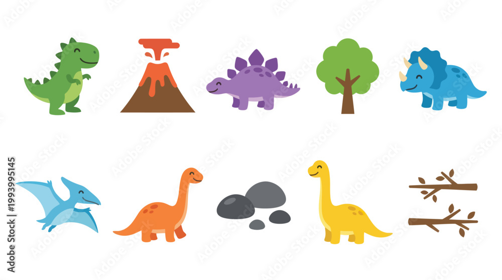 Obraz premium Cute Dinosaur Vector Icons: Flat Style Jurassic World Characters Elements