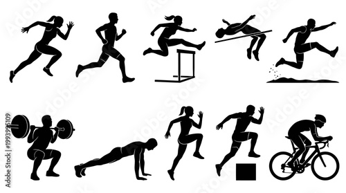 Black and White Silhouette Athletes Running, Jumping, Cycling, Weightlifting, Workout