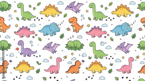 Cute Cartoon Dinosaurs Seamless Pattern for Children's Products - Prehistoric Animals Illustration
