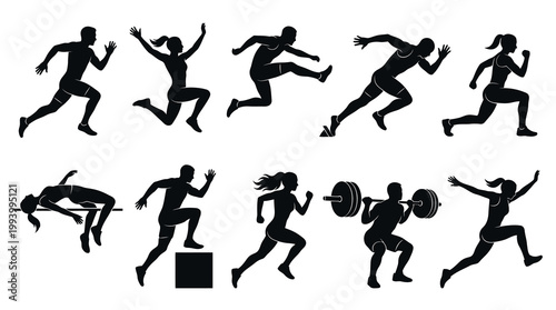 Glyph Sports Silhouettes: Track  Field, Gym Athletes in Black Vector Set