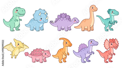 Cute Cartoon Dinosaurs Characters Set