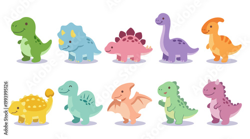 Cute Flat Vector Illustration of Various Dinosaur Characters for Children's Education