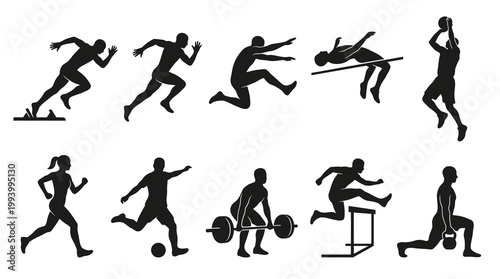 Diverse Sports Silhouette Icons: Running, Jumping, Weightlifting, Basketball