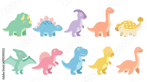 Cute Cartoon Dinosaurs Vector Illustration - Flat Style for Kids