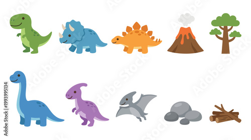 Cute Dinosaur Vector Icons - Flat Style Children's Illustration