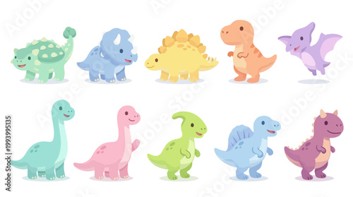 Cute cartoon dinosaurs, flat vector illustration for kids, education