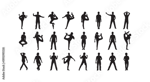 People silhouette collection practicing yoga poses and dynamic fitness exercises vector set for workout and wellness art.