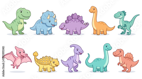Cute Cartoon Dinosaurs Vector Set for Kids. Prehistoric Creatures Illustration Collection.
