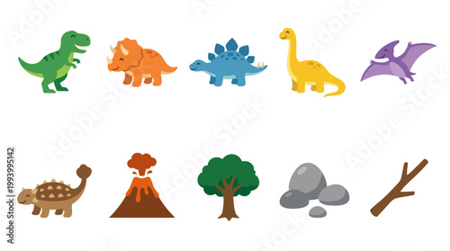 Cute Cartoon Dinosaurs and Volcanoes Flat Vector Icons Set