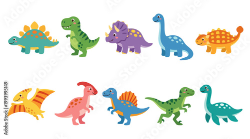 Cute Cartoon Dinosaurs Vector Illustration Set for Kids Education