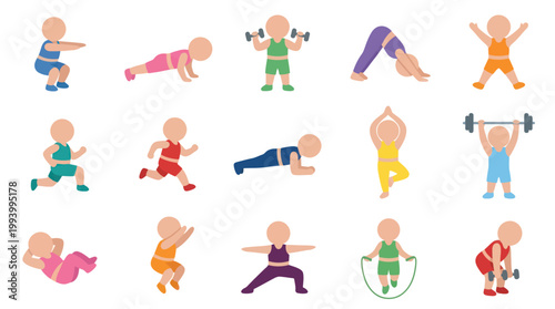 Children Exercising: Diverse Activities, Flat Vector Style