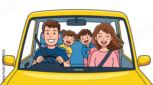 Happy Young Family With Children Driving Yellow Car For Summer Road Trip Illustration Concept
