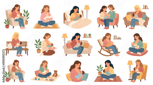 Flat Vector Illustration: Mothers Breastfeeding Babies in Various Poses