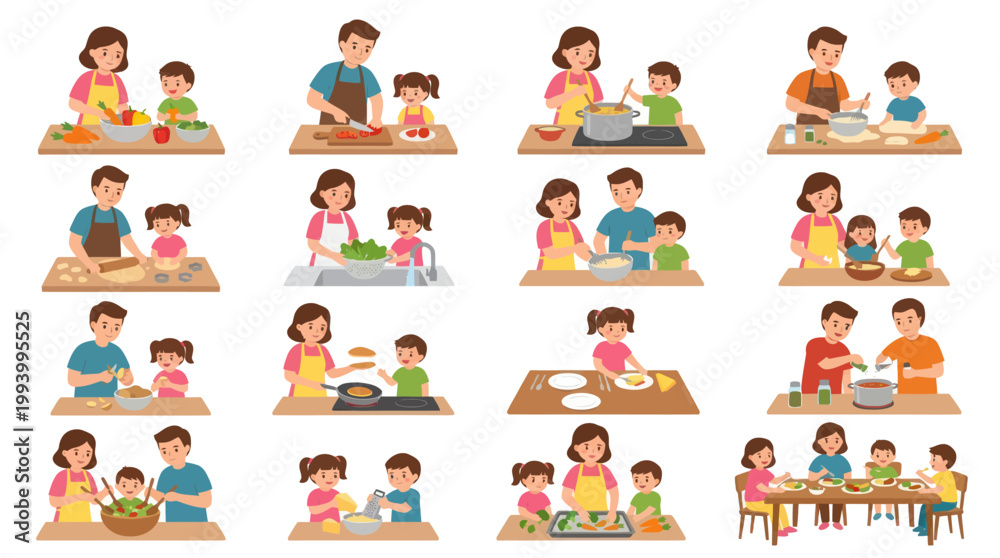Fototapeta premium Family Cooking Together: Parents and Children Preparing Food Flat Style
